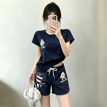 chrome hearts striped heart graphic short sleeve top and shorts set